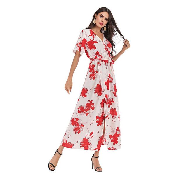 

casual dresses summer women's short-sleeved french floral v-neck dress beach vacation in europe and america, Black;gray