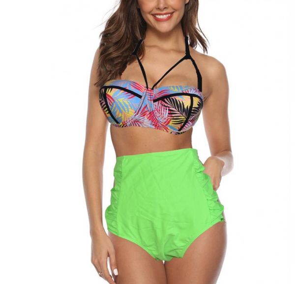 

2021 high waist swimsuit women swimwear push up 2pcs bikinis set leaf print female bikini swimming suits for bathing suit one-piece