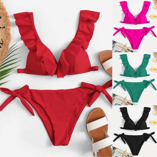 

bandage bikini swimwear women low waist solid sets bathing suits push up ruffles beach wear swimsuit summer women's, White;black