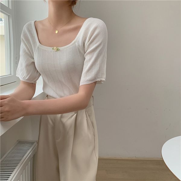 

T-shirt 2021 summer new Korean square collar medium sleeve ice silk T-shirt slim and thin with bubbles, White