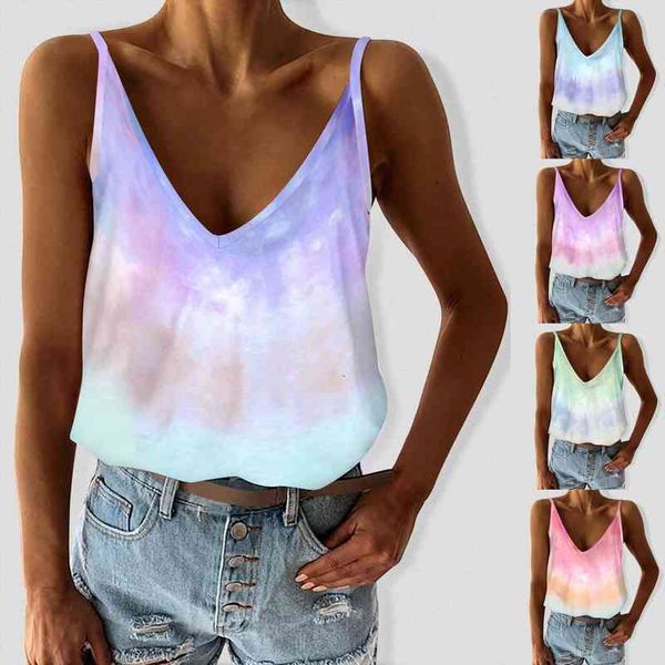 

fashion camisole tie dye womens camis loose fit v neck sleeveless color block vest stitching women summer, White