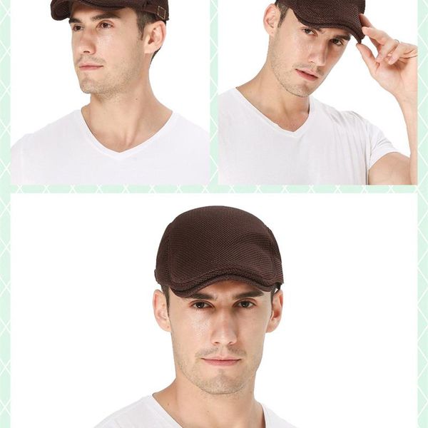 

berets spring and summer men's beret solid color hollow mesh cap breathable adjustable ladies sunscreen forward hat, Blue;gray