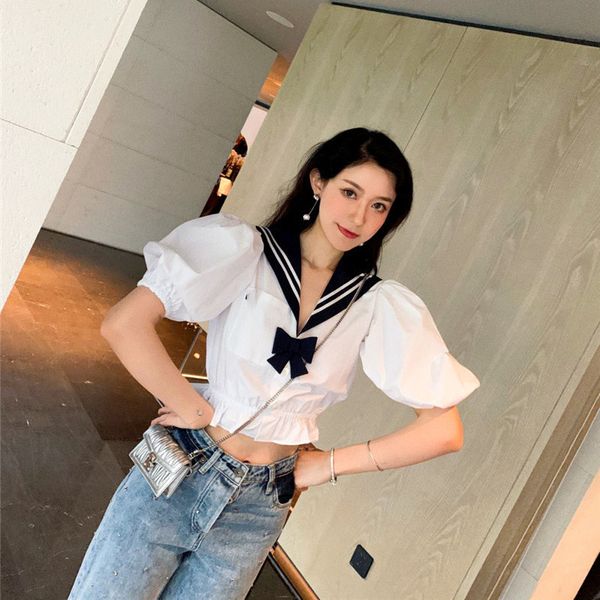 

women's knits & tees korean fashion runway women 2021 summer elegant bow short sleeve white striped blouses womens cotton vet
