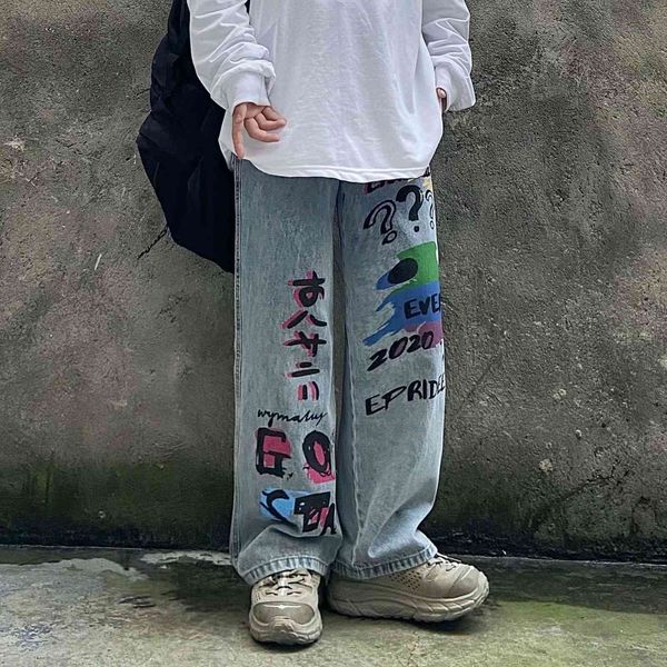 

men's jeans fashion hip hop brand graffiti street straight leg tube wide dad loose in male jeans and woman streetwear hiphop 0pxx, Blue