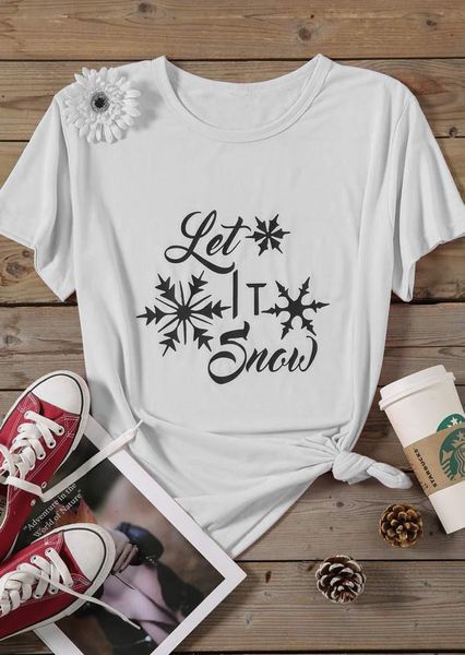 

let it snow snowflake christmas funny graphic fashion casual short sleeve tee kawaii female clothing cotton o neck women tshirt women's, White