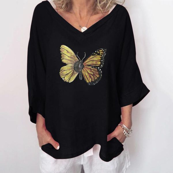 

women's t-shirt harajuku oversized women cotton linen 3d animal printed tee v-neck three quarter sleeve casual t-shirtropa de mujer, White