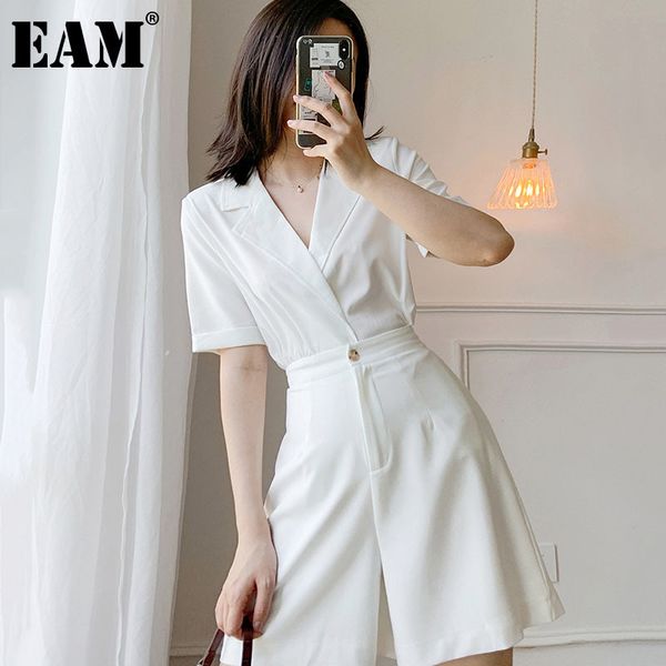 

[eam] loose fit women white elegant brief rompers high waist pocket stitch pants fashion spring summer 1dd7757 210512