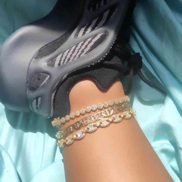 

gold silver color iced out zircon coffee bean link 8mm punk 5a cz bubble chain bling anklet hip hop fashion women jewelry, Red;blue