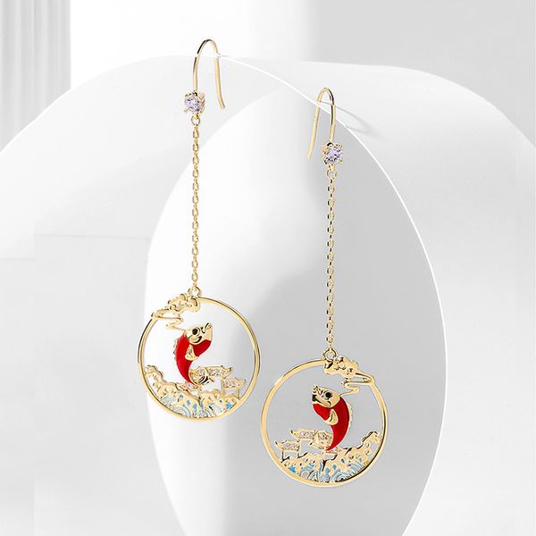 

chinese style long earrings female carp leaping longmen s925 silver needle thin simple red earrings new fashion