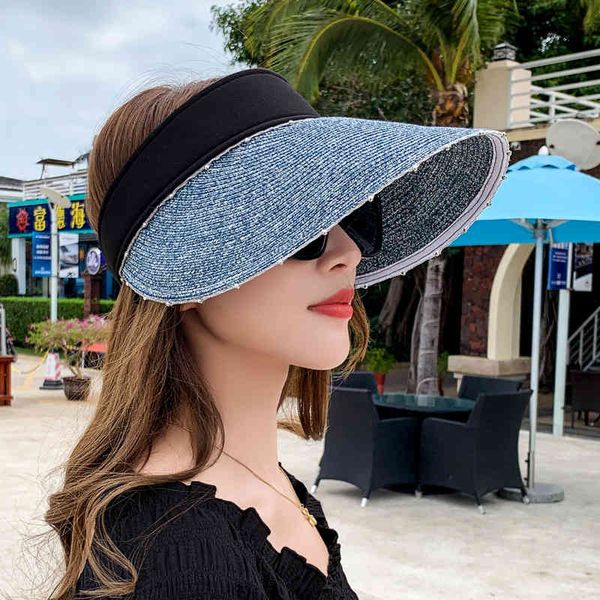 

beach straw children's summer open sunscreen no sunshade korean versatile cap breathable sun hat, Blue;gray