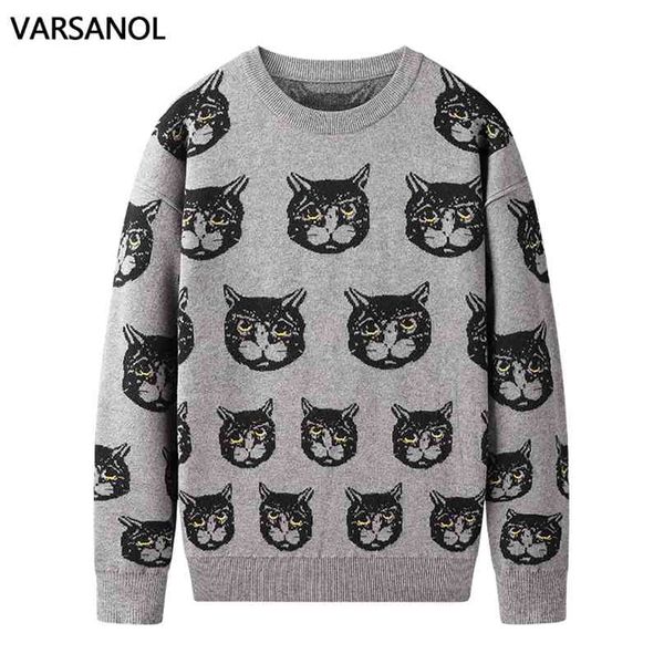 Varsanol desenhos animados gato mens suéteres vestuário inverno quente camisola de malha casual roupas de algodão manga longa 210918