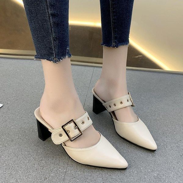 

dress shoes thick heel fashion women sandals pointed toe buckle chain rivet pumps spring summer mules chunky heels ladies 2021, Black