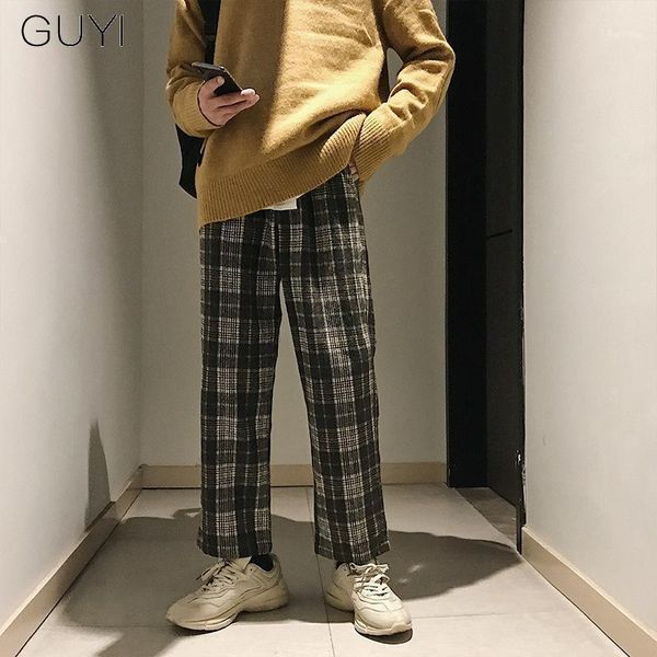 Calças masculinas casual xadre retro harajuku para homens estilo japão vintage streetwear calças masculino grosso outono Capris moda calça1