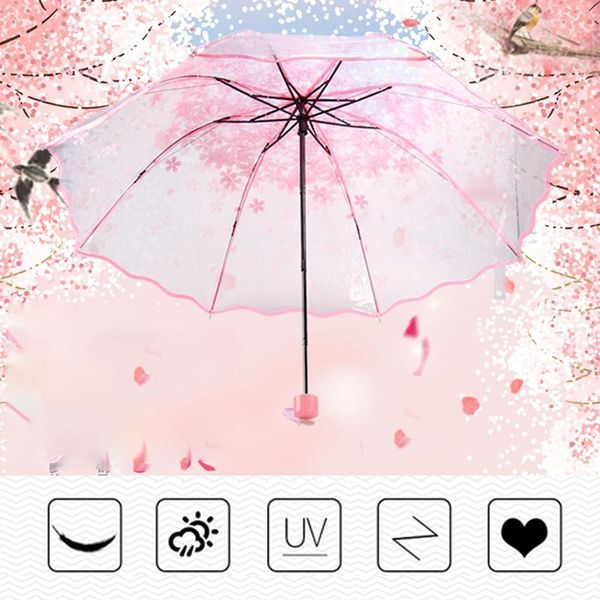 

umbrellas folding fully half automatic transparent umbrella romantic cherry tree printing tri-folding rain sunshine ladies