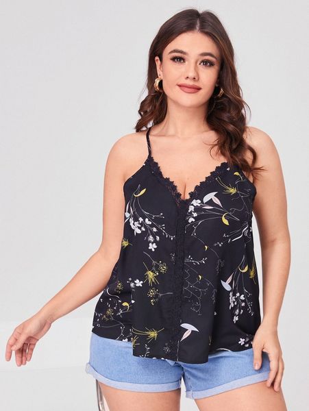

plus floral print guipure lace insert cami s6d3#, Black
