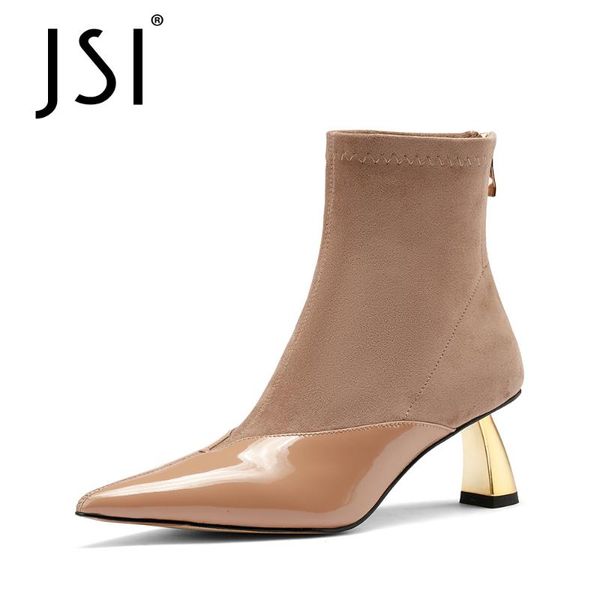 

boots jsi mature style ankle woman pointde toe patchwork genuine leather ladies high thin heel short jo692, Black