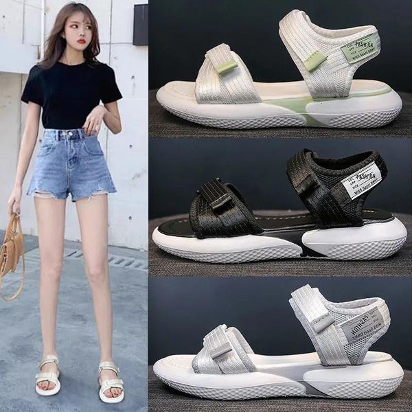 

sandals women fashion summer shoes platform breathable elastic fabric non-slip flats outside wear comfort open-toes beach, Black