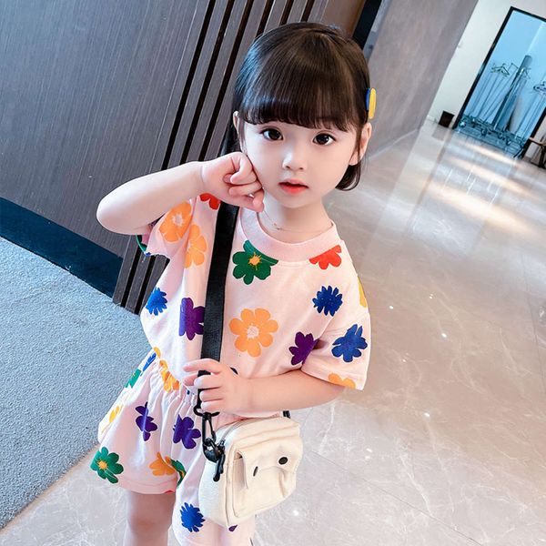 

girls' summer suit korean children's full print flower short sleeve shorts leisure sports two piece set fashion, White