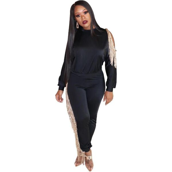 

two piece dress women cold shoulder set casual tassel crop pencil pants suit solid loose outfits plus size tracksuit, White