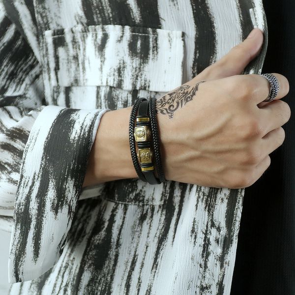 

japan and south korea street fashion versatile bracelet personality retro multi-layer men's magnetic buckle leather, Black