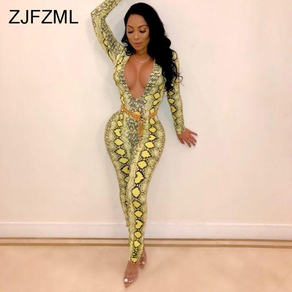 

women's jumpsuits & rompers snake skin print womens jumpsuit deep v neck long sleeve one piece overall vintage neon green pink party bo, Black;white