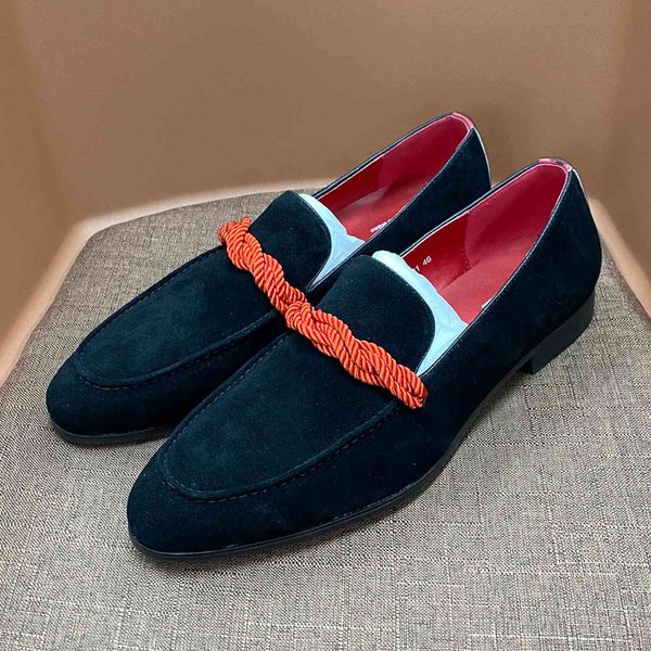 

dress shoes luxury leather loafers men shoes green cow suede slip on pointed toe formal dress wedding office casual qk56, Black