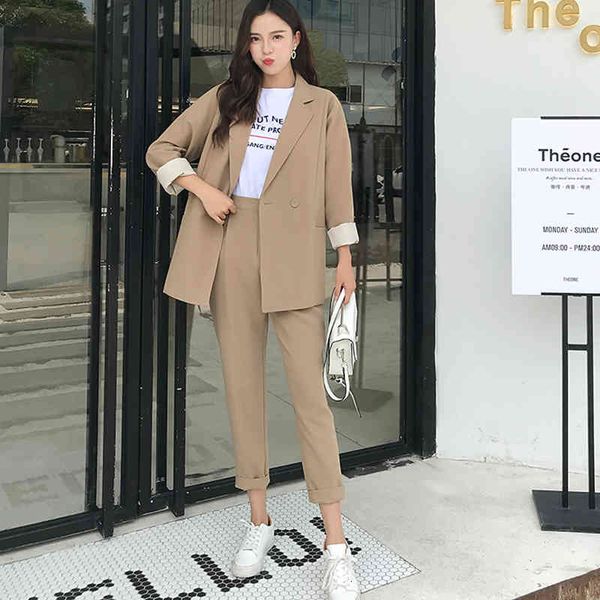 

women's two piece pants casual blazer, firm pants with a plaid collar, jacket-- khaki pants, ladies'suit, autumn . mx1o, White