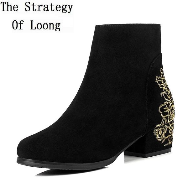 

boots chinese style spring autumn women thick high heel nubuck leather round toe embroidery side zipper ankle size 34-40 sxq0826, Black