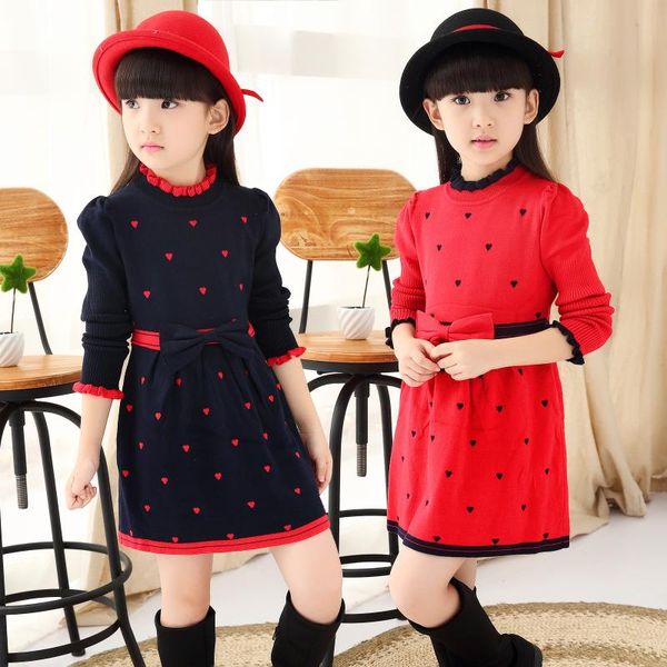 

girl's dresses girls sweater dress kids sweaters autumn winter long sleeve heart pattern children knitted cute bow knit clothes for, Red;yellow