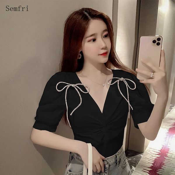 

women's blouses & shirts semfri womens and 2021 summer white v-neck female niche design kink bow tie bubble sleeve top