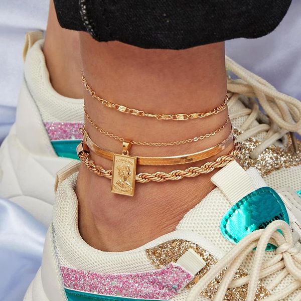 

4pcs set gold tiny rose boho anklets for women multi-layer braided chain charm foot bracelet anklet jewelry tobillera, Red;blue