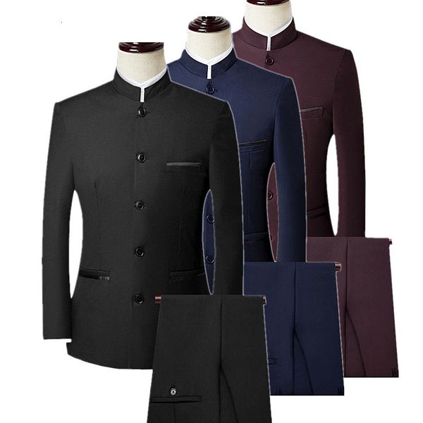 

men's suits & blazers chinese style mens 2 piece set ( blazer + pants) autumn brand men retro jacket and trousers blue black red plus s, White;black