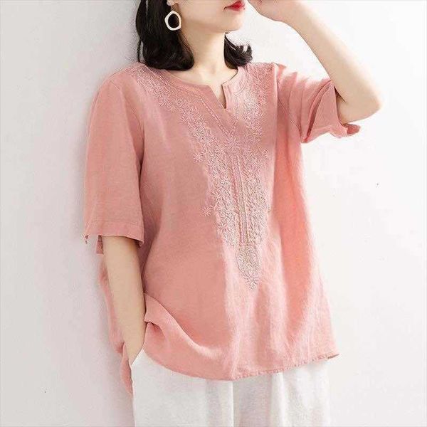 

cotton linen vintage embroidered women blouses short sleeve loose casual femine plus size simple chic, White