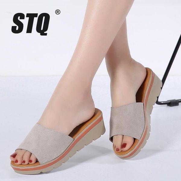 

slippers stq 2021 summer women flat platform sandals shoes beach slip-on round toe leather suede slides flip flops 806, Black