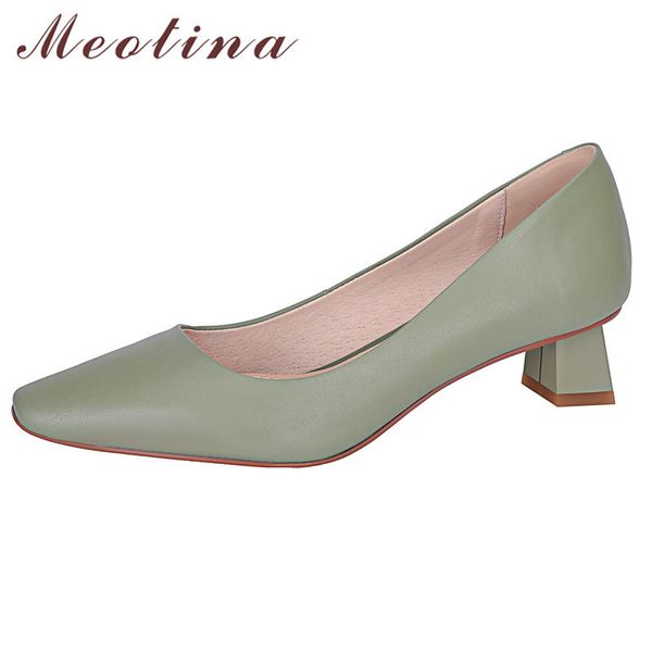 

meotina genuine leather mid heel pumps women thcik heels shoes fashion square toe dress footwear shallow shoes female green 43 210520, Black