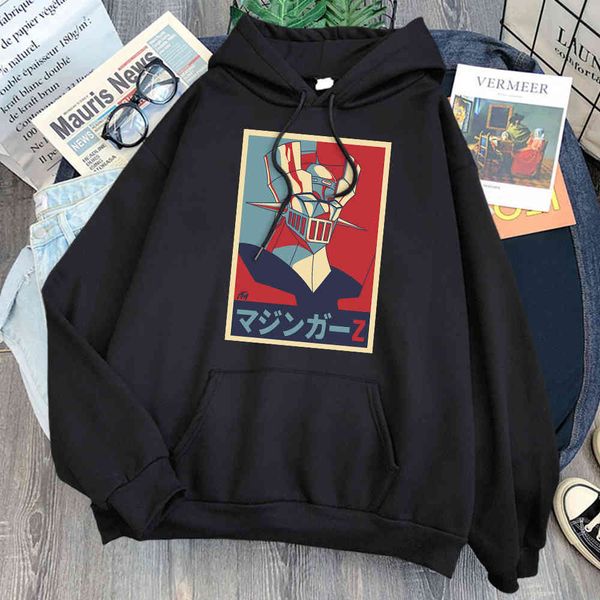 

mazinger z printed men's and women's sweatshirts, sweater pockets, harajuku style, retro, hip hop, punk, Black