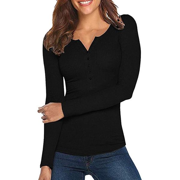 

women's t-shirt women spring solid color ribbed henley neck long sleeve slim-fitting pullover for girls, White