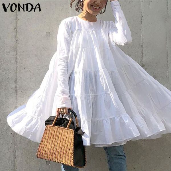 

vonda white dress women vintage long sleeve bohemian mini dress 2021 summer beach sundress casual loose vestidos plus size, Black;gray
