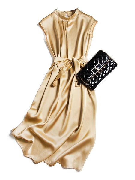 

heavy silk dress 2021 collar long solid young model casual dresses, Black;gray