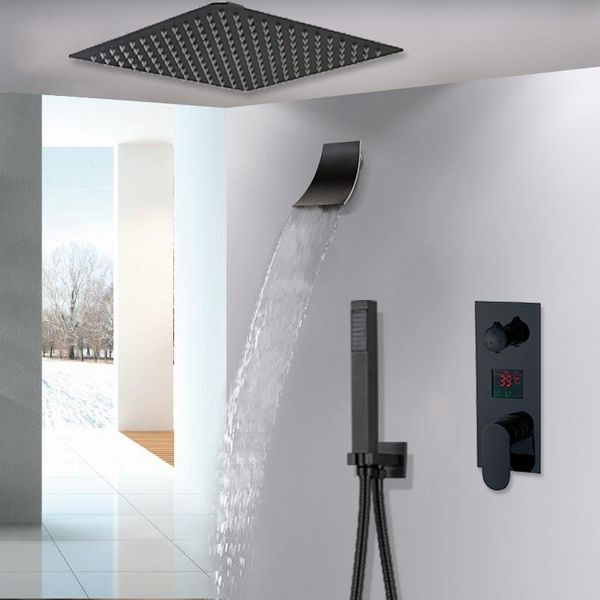 

black concealed rain shower faucet digital display tap rotatable spout waterfall ceiling installation bathroom sets
