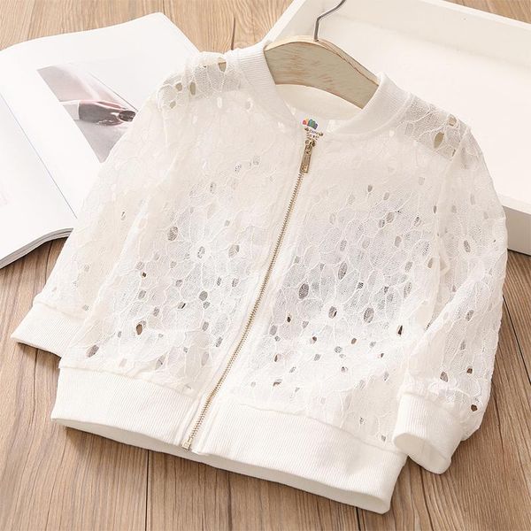 

jackets spring autumn summer 2 3 4 6 8 10 12 year long sleeve sunscreen white flower hollow out kids baby girl baseball jacket, Blue;gray