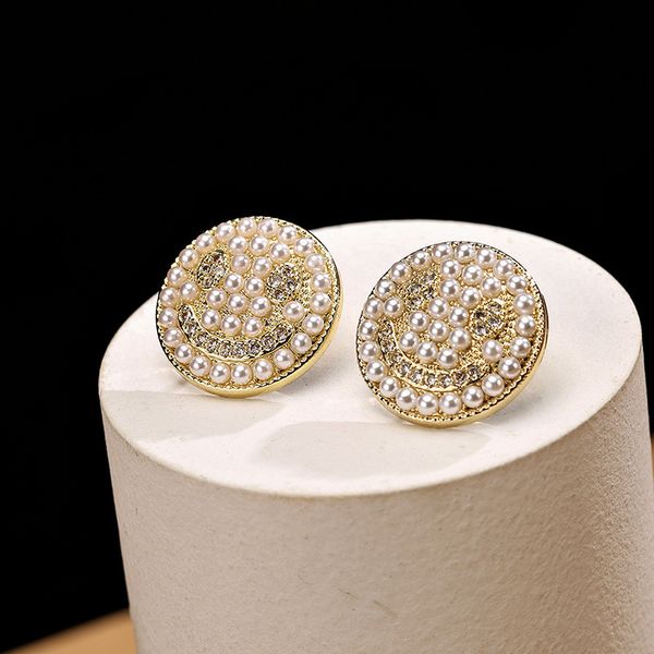 

eardrop smile face pearl zircon s925 silver needle earrings versatile student girl, Golden