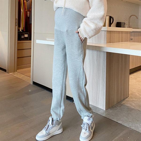 

poungdudu maternity pants for pregnant women 2021 winter belly knitted trousers cotton velvet thickening warm office lady bottoms, White