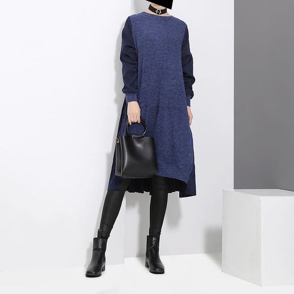 

winter woman long sleeve blue black woolen patchwork sweater dress pocket pleated back ladies loose casual midi dress robe 3030, Black;gray
