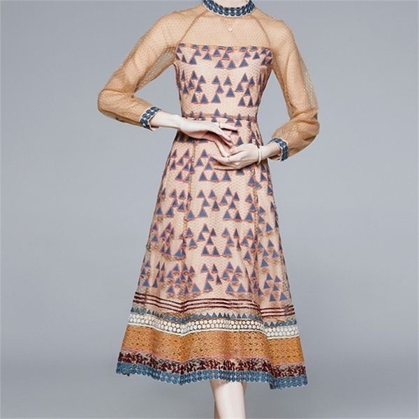 

spring summer vintage lace o neck floral print high waist mid calf women dresses a line hollow out dress 210603, Black;gray