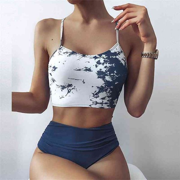 MYTENG Costume da bagno tie-dye per donna Bikini a vita alta Costume da bagno con stampa in marmo Costume da bagno incrociato sul retro Costume da bagno Biquini 210522