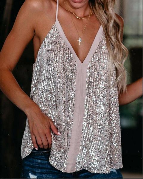 

sparkly sequins v neck women tanks vest casual clubwear plus size, White