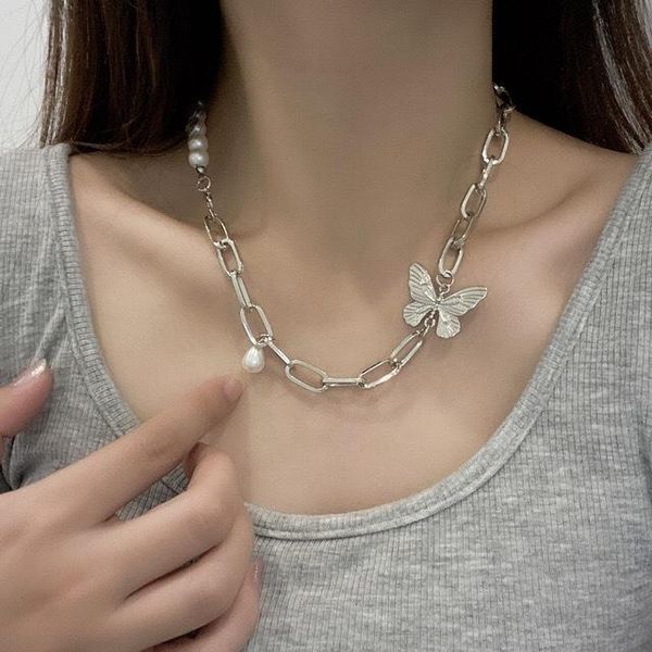 

pendant necklaces aesthetic butterfly imtation pearl vintage harajuku necklace korean y2k jewelry metal thick chain hip hop trendy for cool, Silver
