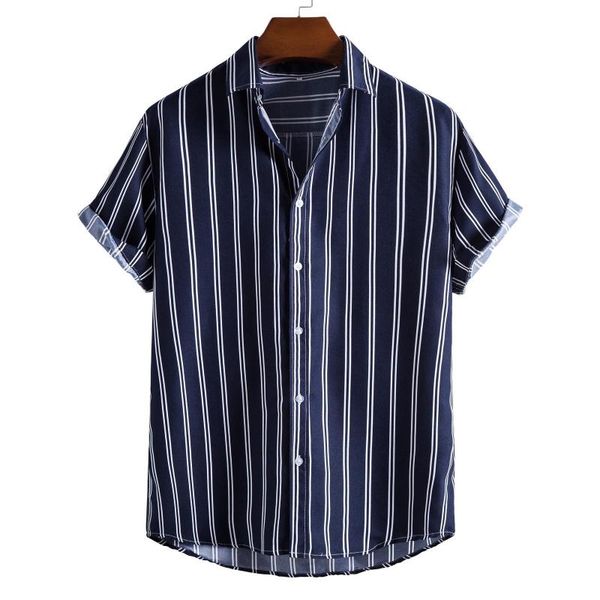 

men's casual shirts business style summer shirt striped printed button short sleeve turn down collar loose male chemise, White;black