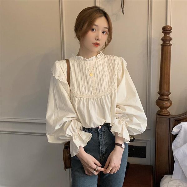 

women's blouses & shirts sleeve loose solid o-neck pleated hook flower hollow out design women blouse elegant ol blusa mujer fall, White